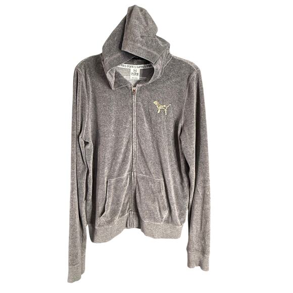 VS PINK Y2K Hoodie Dog Logo Sz Large Full ZIp Gray Velour Gold Sequin LOVE PINK - Picture 1 of 11